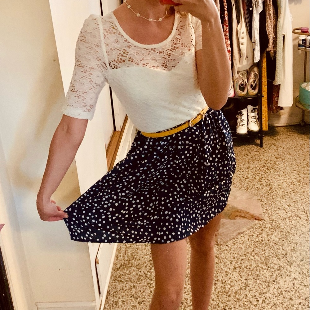 Lace and polka dot mini skater dress